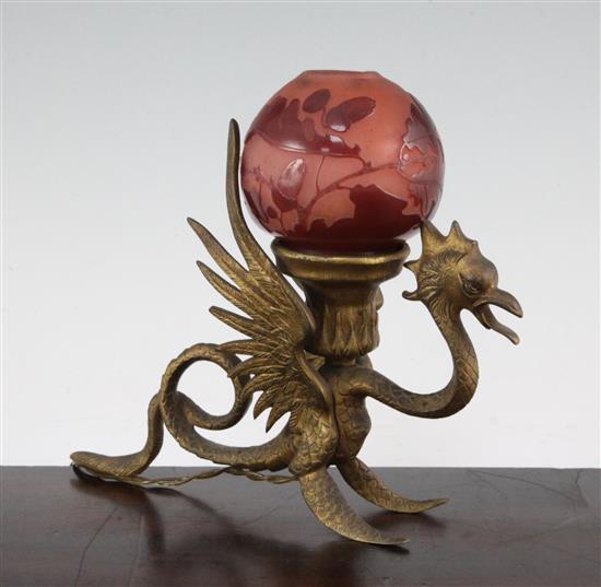 A Galle cameo glass shade, with a brass dragon lamp base, c.1910, total height 18cm